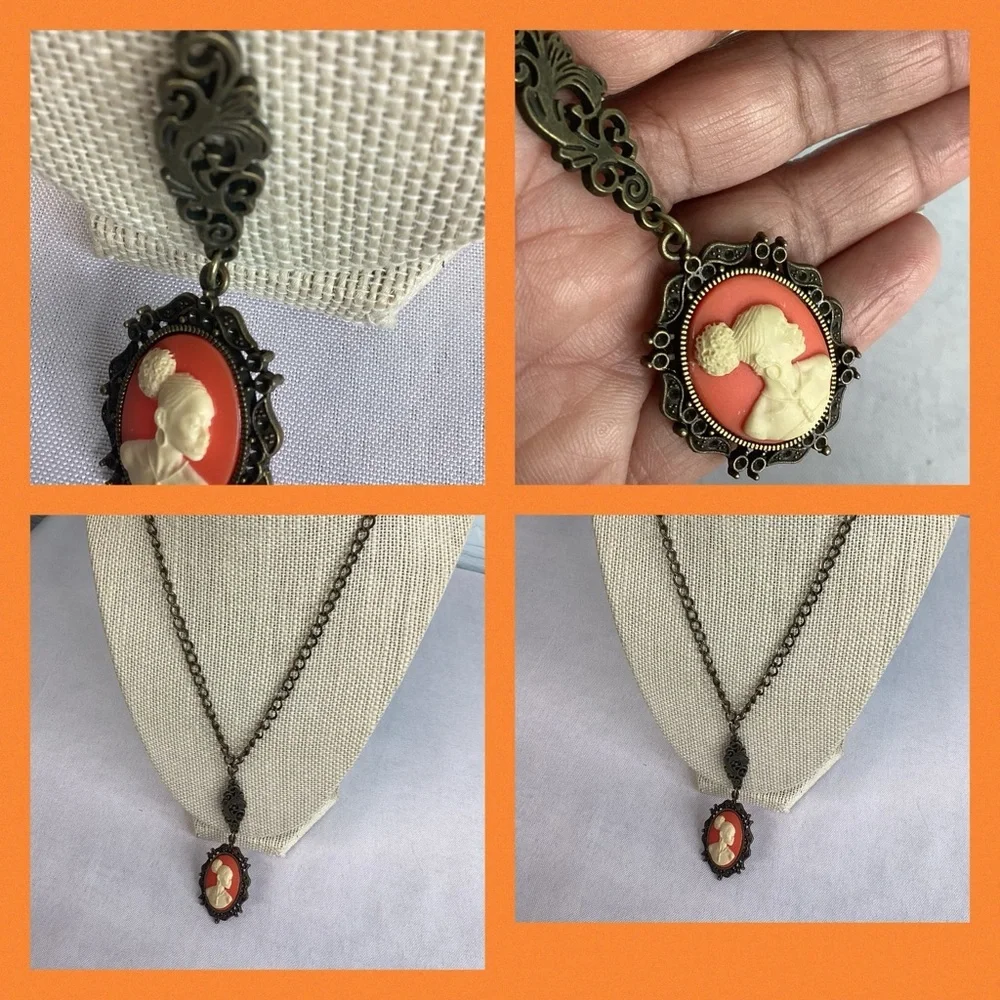 Orange and bronze cameo necklace.